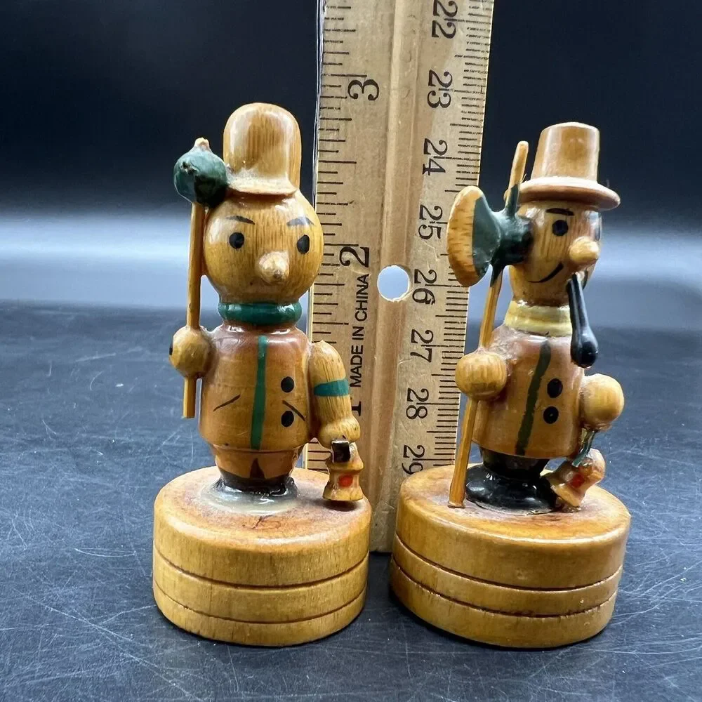 Vtg 2 Wood Handpainted Pencil Sharpeners Pipe Tophat Hiking Staff Midievel Tool